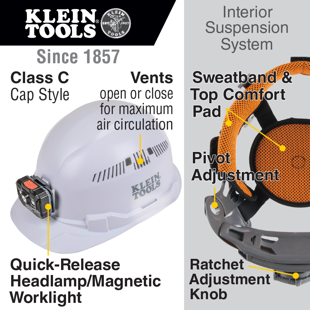 Klein Tools Hard Hat, Vented, Cap Style with Rechargeable Headlamp, White - Image 10